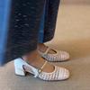 Fashion French Cool Single Shoes Women's Cutout Woven Medium Block Heel Shallow Mouth Side Empty Breathable Mary Jane Shoes