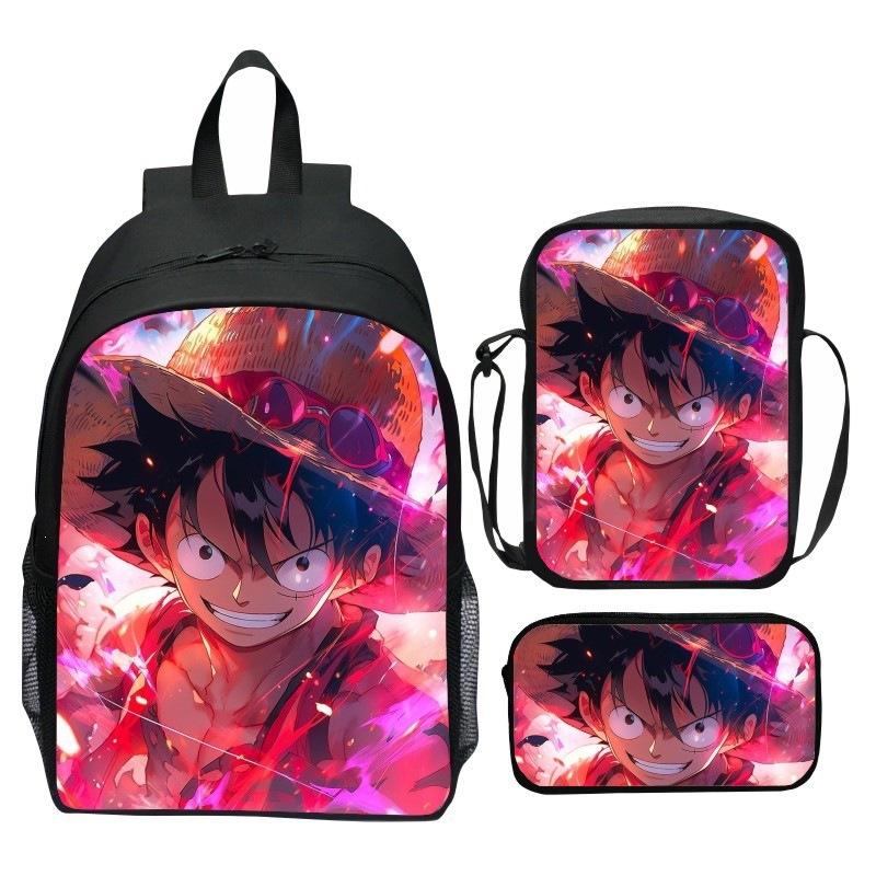 Set Zaino 3 Pezzi Stampato One Piece Cartone Animato Pirata Blu Marinaio Zaino Scuola Elementare Grande Capacità Resistente all'Acqua Zaino per Bambini