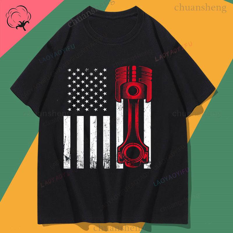 Camiseta Car Enthusiast American Flag Piston Muscle Car Gift Tshirt New Style Crewneck Cotton Short Sleeve Vintage Graphic Tee