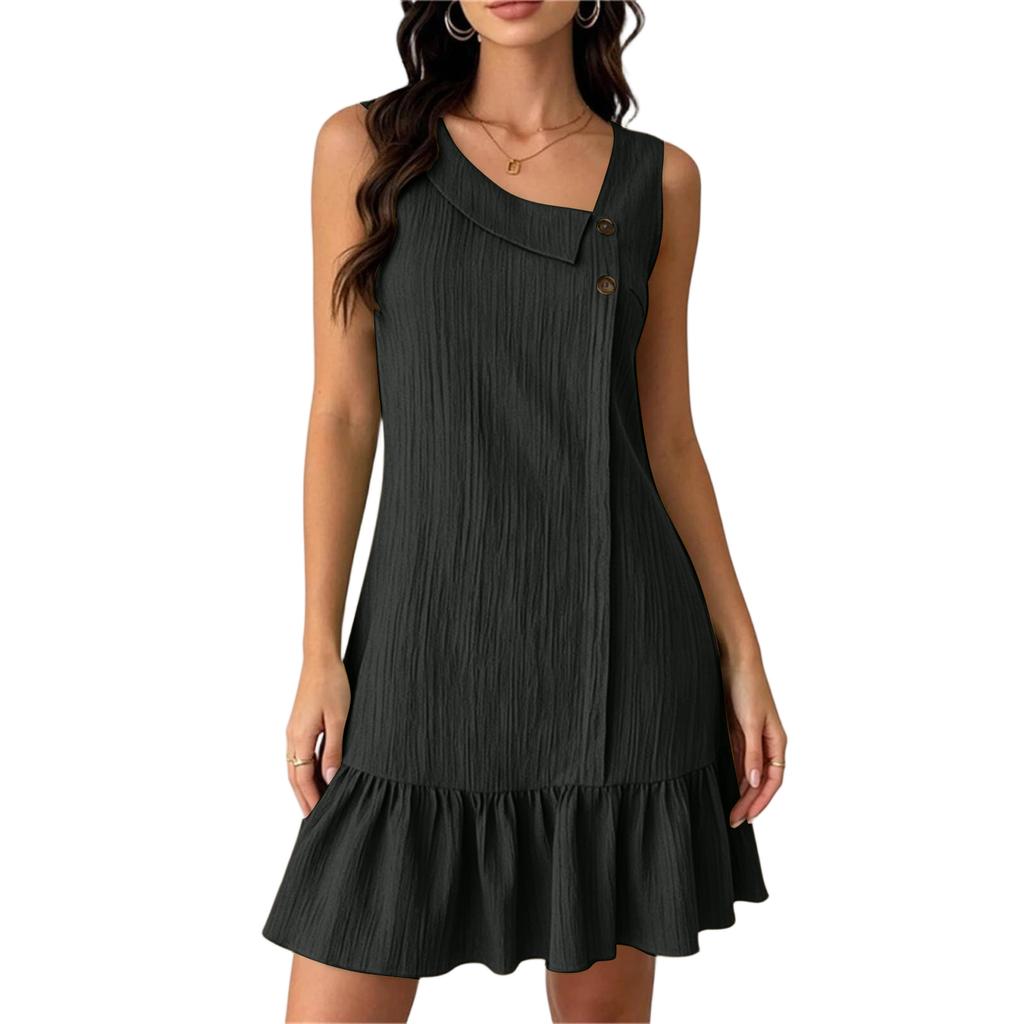 Ärmelloses Falten-Freizeitkleid mit Rüschensaum Knopfdetails Lockere Passform Sommerurlaubskleid für Damen