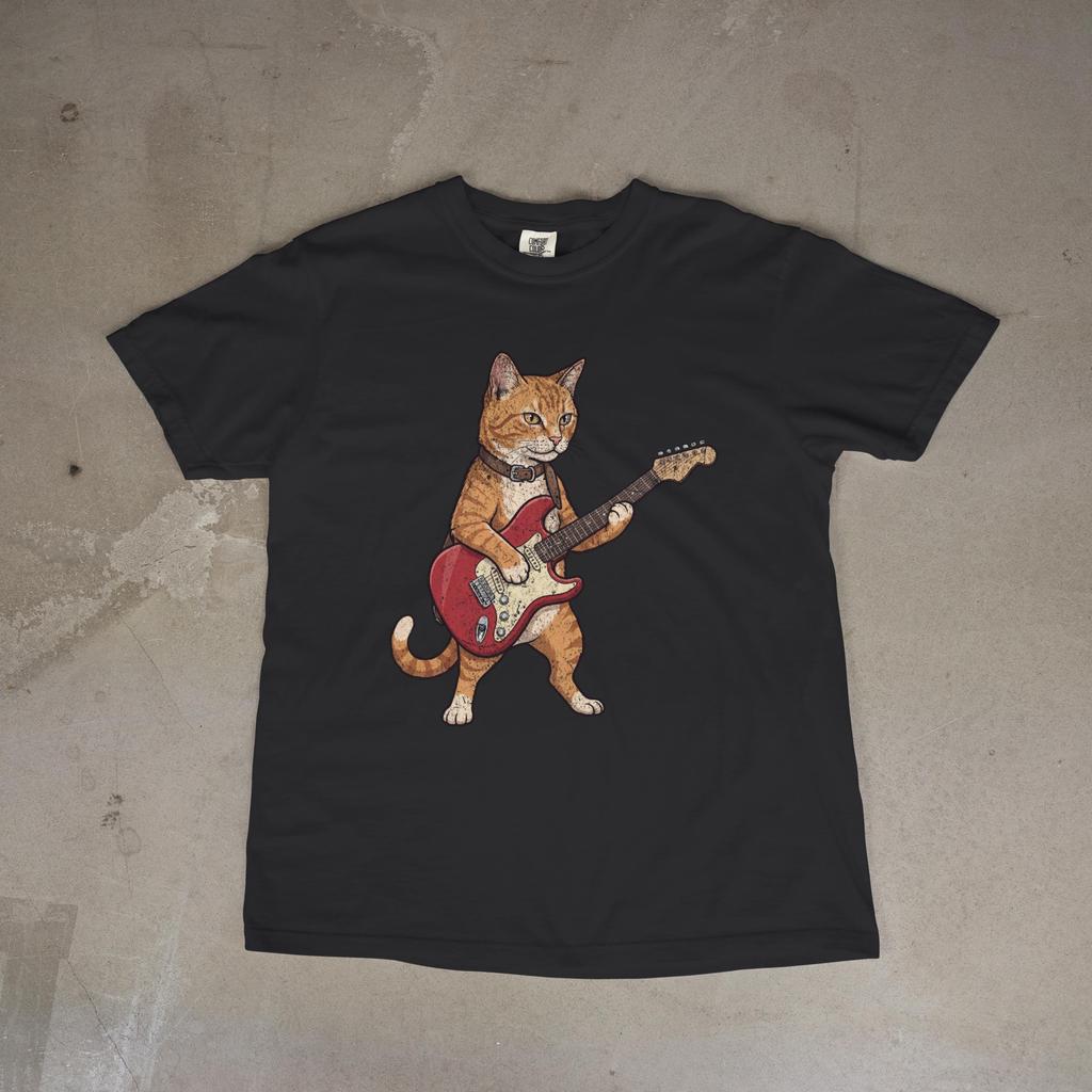 Cat Playing Guitar Shirt, Guitar Player Cat Graphic Top, Oversized Comfort Colors, Rock n Roll Tee, Funny Music Lover Gift, Musician Gift