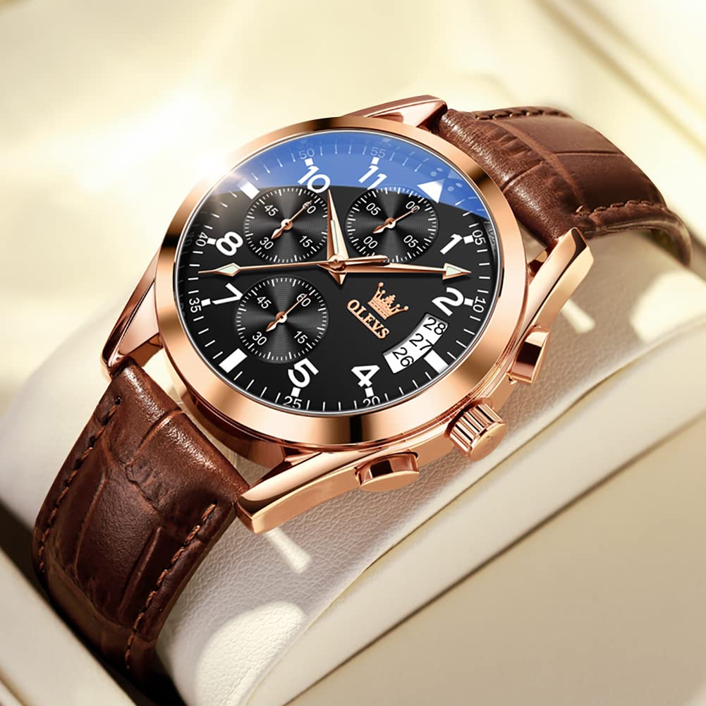 OLEVS Business Brown Leather Date Simple Quartz Stylish Black Arabic Large Men's Watch, Waterproof, Strap, Popular, Easy-to-Read Clock, Display,
