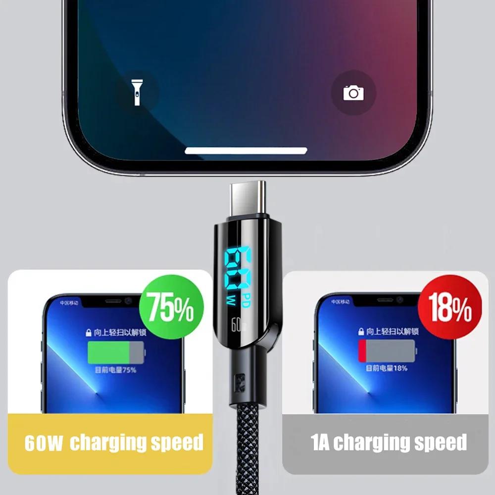 Cablu de încărcare rapidă tip C de 60W, afișaj digital cu LED, cablu de încărcare USB C pentru iPhone 15 Pro Max, Samsung, Xiaomi, linie de date de încărcare PD