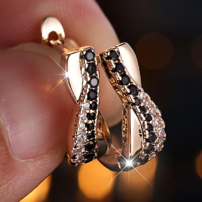 1 Paar schwarz-weiße Zirkonia-Kreuz-Ohrclips für Frauen, luxuriöser Vintage-Goldfarben-Creolen-Hochzeitsschmuck