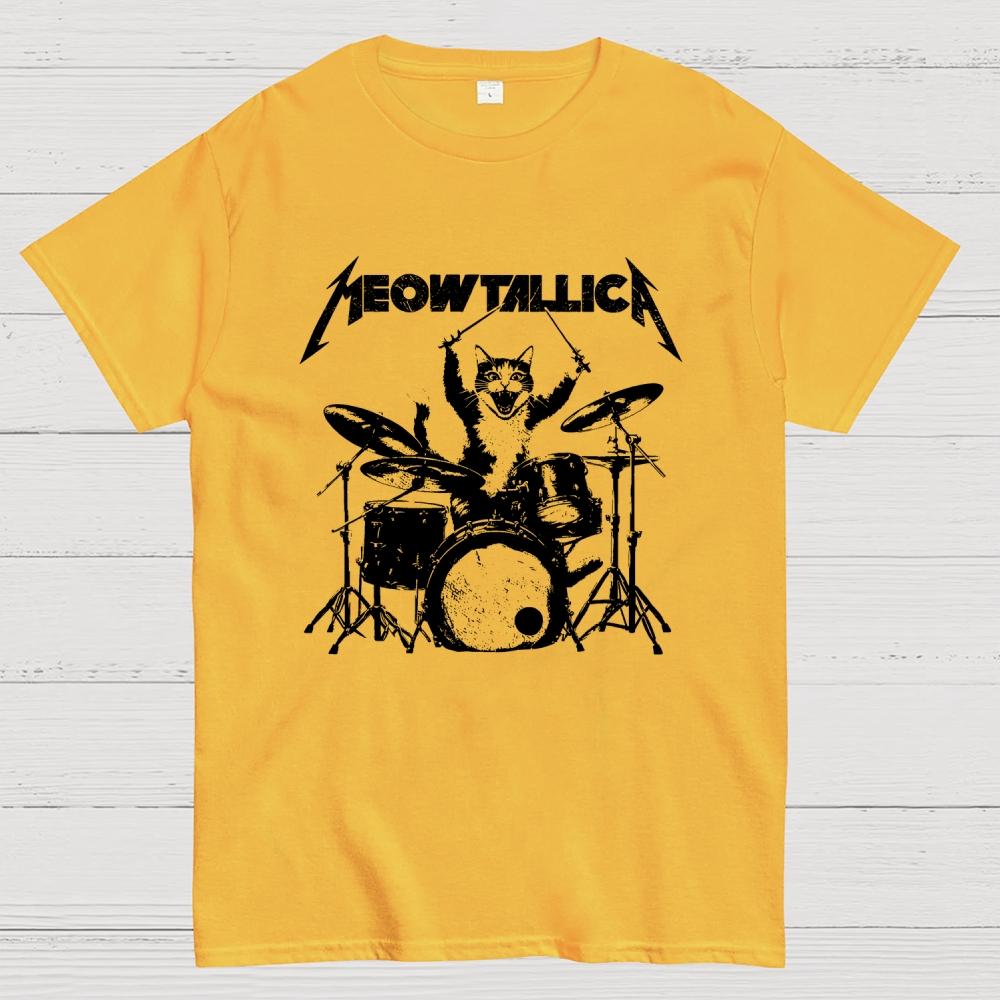 Meowtallica Cat Drummer funny cat Cotton Casual Cool Loose T-Shirt