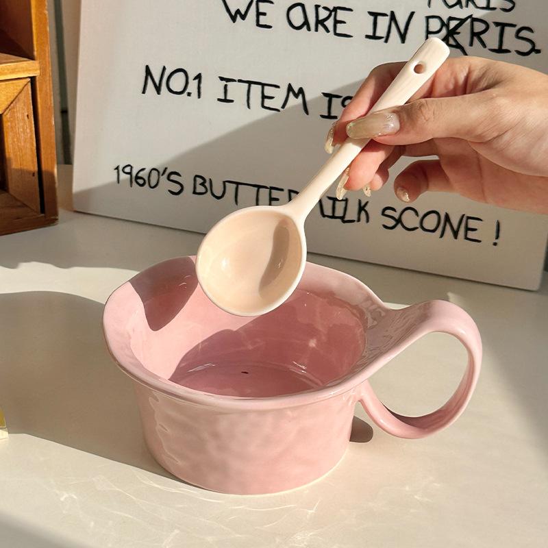 Ins Cream Wind Ceramic Mug Qu Handle Cup Large Capacity Breakfast Cup Oatmeal Bowl with Spoon Girls' Souvenir