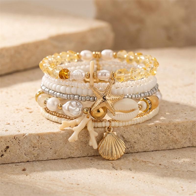 Boho Multilayer Stacked Bracelets Set For Women Ocean Red Coral Starfish Shell Beaded Metal Chain Bangles Summer Beach Jewelry