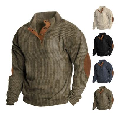 Men Autumn Winter Casual Pullover Tops Stand Collar Buttons Half Placket Long Sleeve Patchwork Color Sweatshirt