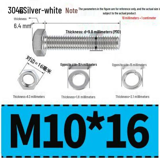 304 Stainless Steel Hex Head Bolt and Nut Set M6-M14, Lengths 8-100mm