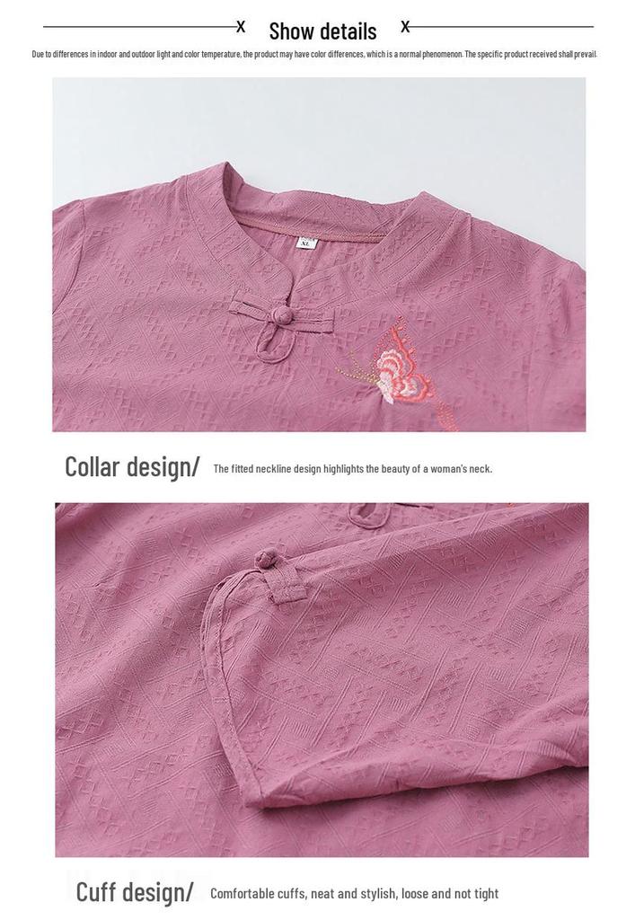 Grandma's Fashionable Cotton Linen Tang Suit Mid-Sleeve T-shirt for Elderly Women