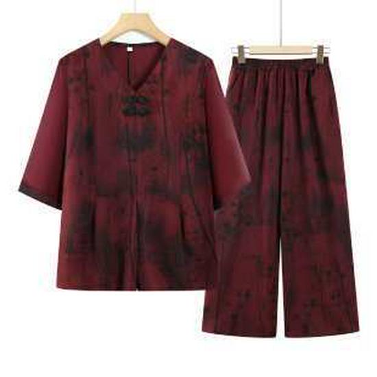 

Grandma s Summer Two-Piece Set: Lightweight Seven-Sleeve Outfit for Middle-Aged and Elderly Women 3XL червоний