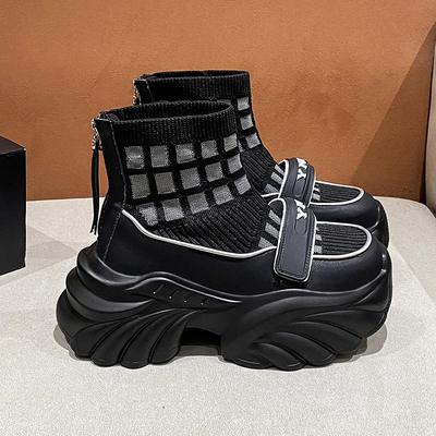 Fashion Knitting High Platform Sneakers Women Autumn Thick Bottom Short Sock Boots Non-slip Motorcycle Chunky Shoes Booties Mujer 8.5CM