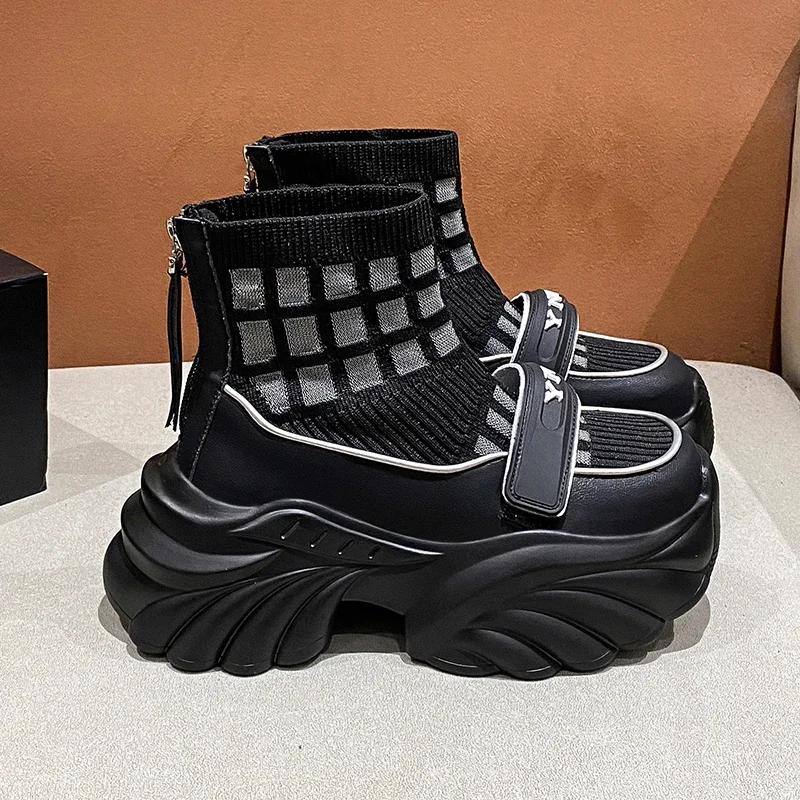 Fashion Knitting High Platform Sneakers Women Autumn Thick Bottom Short Sock Boots Non-slip Motorcycle Chunky Shoes Booties Mujer 8.5CM