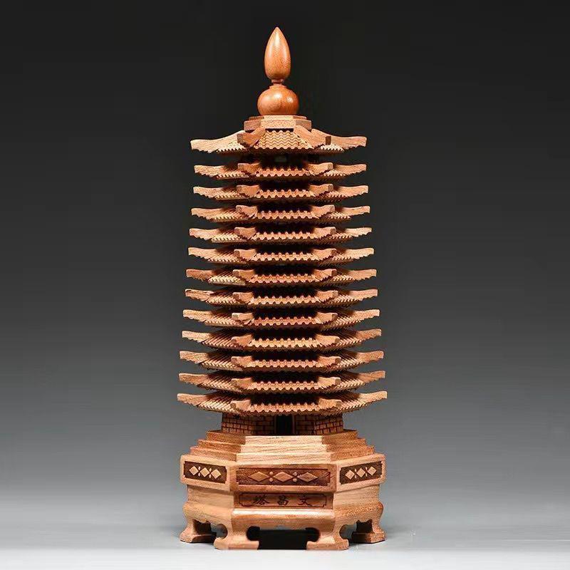 

Peach Wood Wenchang Pagoda Ornament, 13-Story Green and Red Feng Shui Design with Hollow Center. Solid Wood Storage 30cm