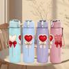 1PC Plaid Ribbon Heart Ornament Print 750ml Color Plastic Sports Water Bottle Leakproof Flip Straw Lid Suitable for Sports Office Home Use