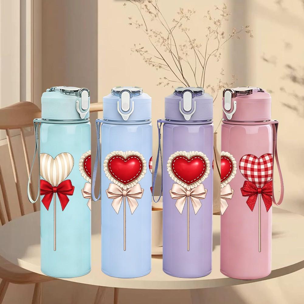 1PC Plaid Ribbon Heart Ornament Print 750ml Color Plastic Sports Water Bottle Leakproof Flip Straw Lid Suitable for Sports Office Home Use