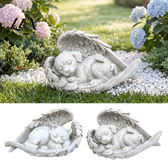 Katte Kondolence Pynt Kæledyr Mindesmærke Statue med Englevinger, Hund/Kat Holdbar Harpiks Sovende Mindesmærker Skulptur, Vejrbestandig Mindesmærke