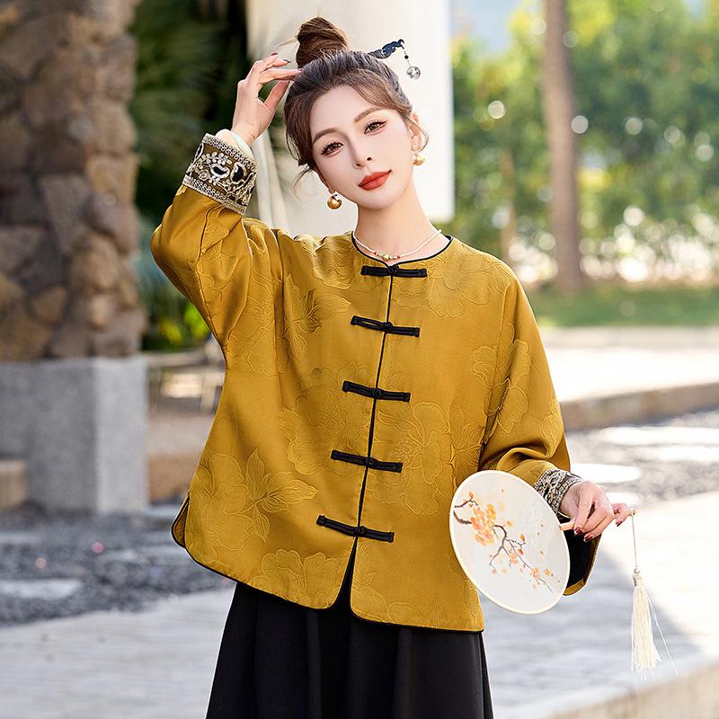 2025 Early Spring Chinese Jacquard Round Neck Frog Button Coat AH66606