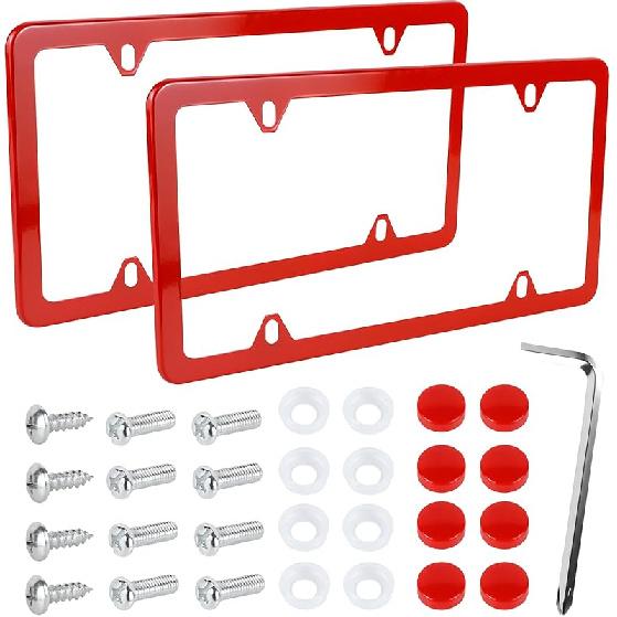 Wuyaoyao 2PCS Car License Plate Frames, 4 Holes Stainless Steel License Plate Frame, Slim License Plates Cover Holder With Screws Bolts Caps Washers,
