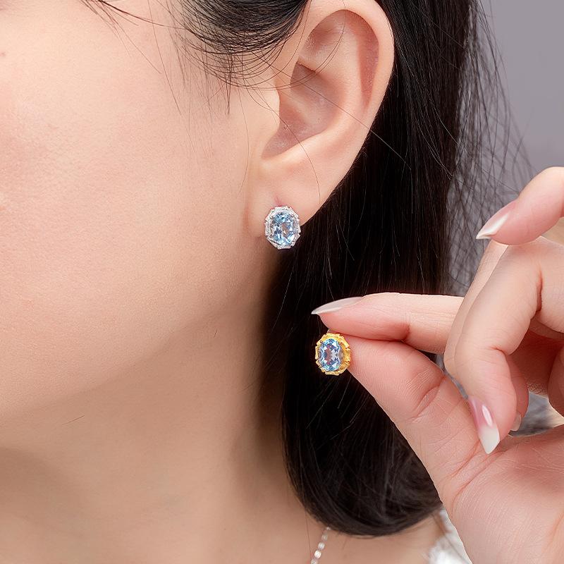 S925 sterling silver stud earrings necklace ring set with natural crystal stone brushed craftsmanship light luxury section high-rise jewelry set