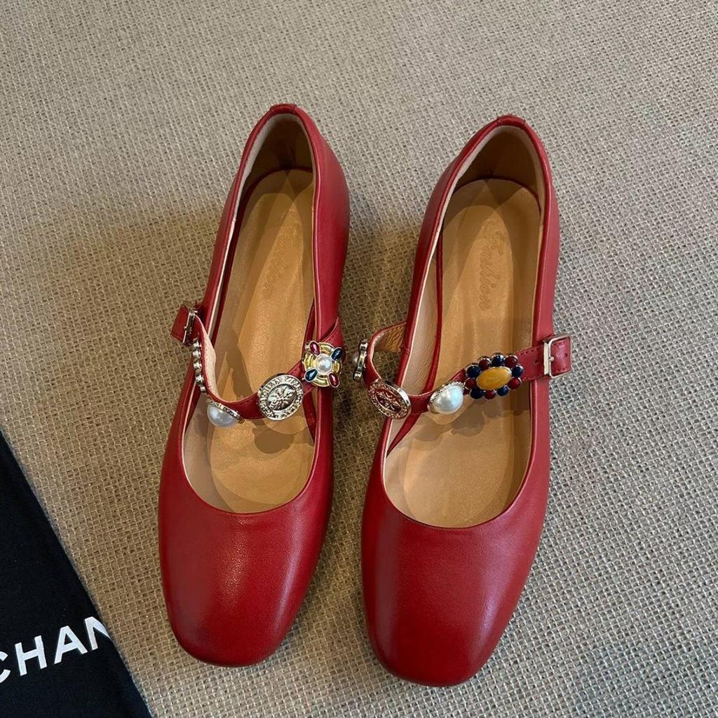 Sheepskin Version~ One-word Buckle Leather Round Head Mary Jane Shoes Women's Retro Low-heeled Temperament Ballet Shoes Single Shoes