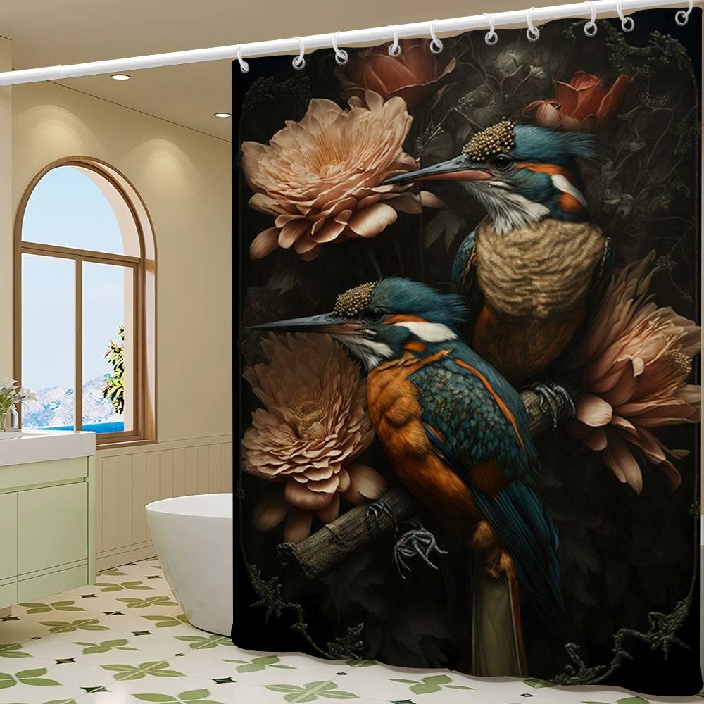 Vintage Birds In Jungle Flowers Canvas Painting Simple Bathroom Shower Curtain Partition Dry Can Be Scrubable Light Opaque Bath