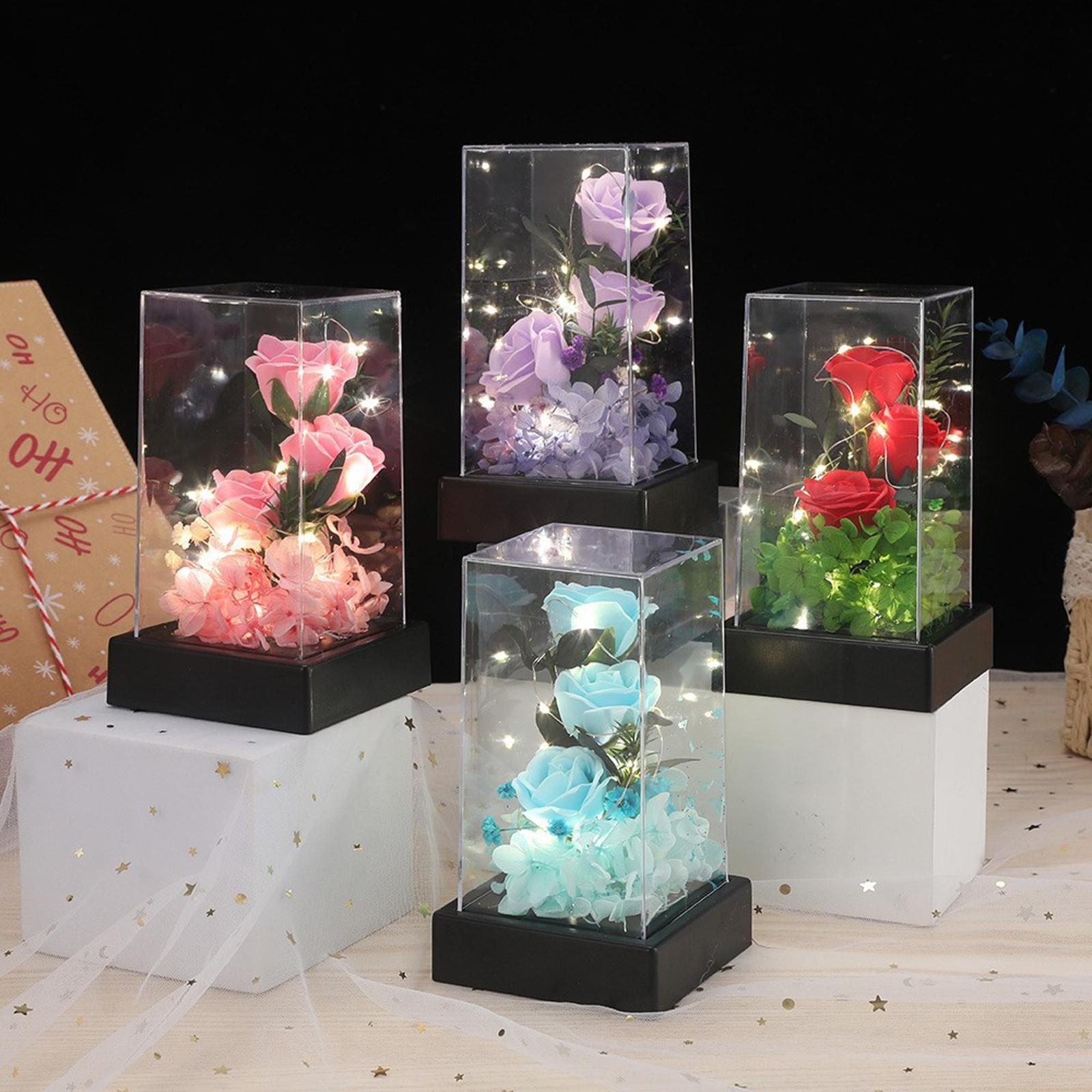 Preserved Flower Rose Flower Artificial Flower Lasts in Acrylic Box,Handmade Rose Flowers with Led Light Ornament Gift розовый