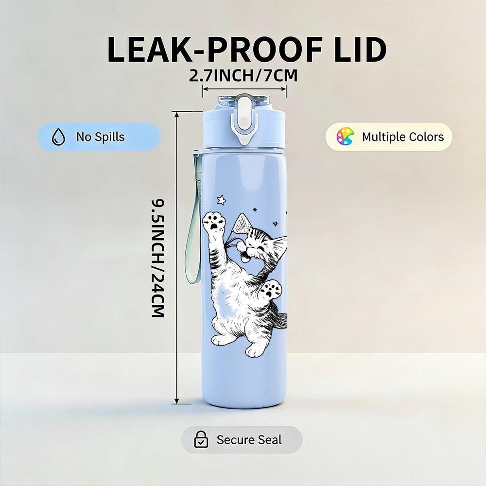 1PC Dancing Kitten Sketch Print 750ml Color Plastic Sports Water Bottle Leakproof Flip Straw Lid Suitable for Sports Office Home Use