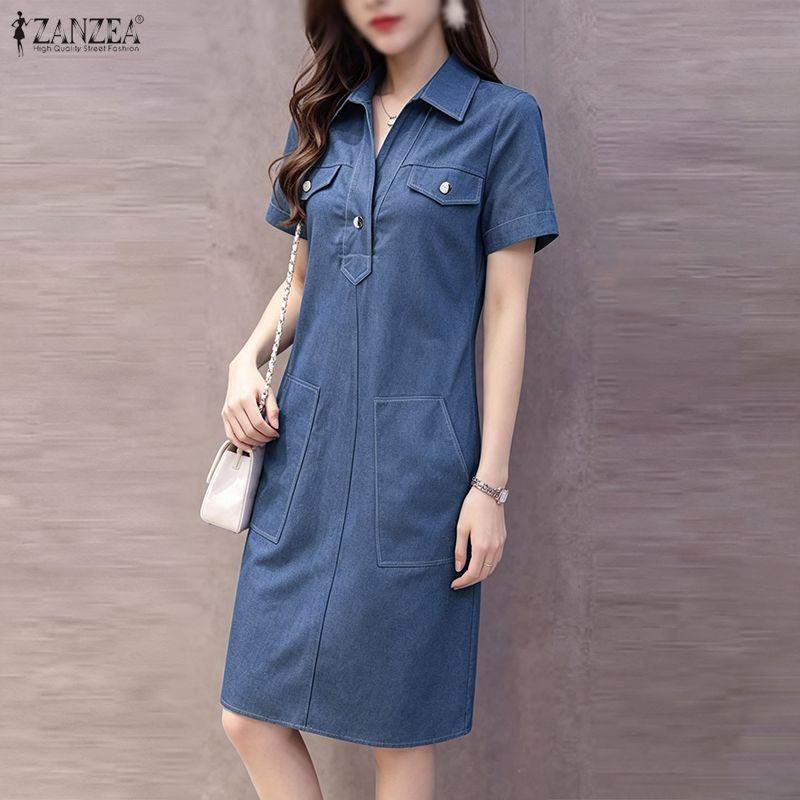 ZANZEA Vestido feminino casual com gola virada para baixo azul jeans manga curta
