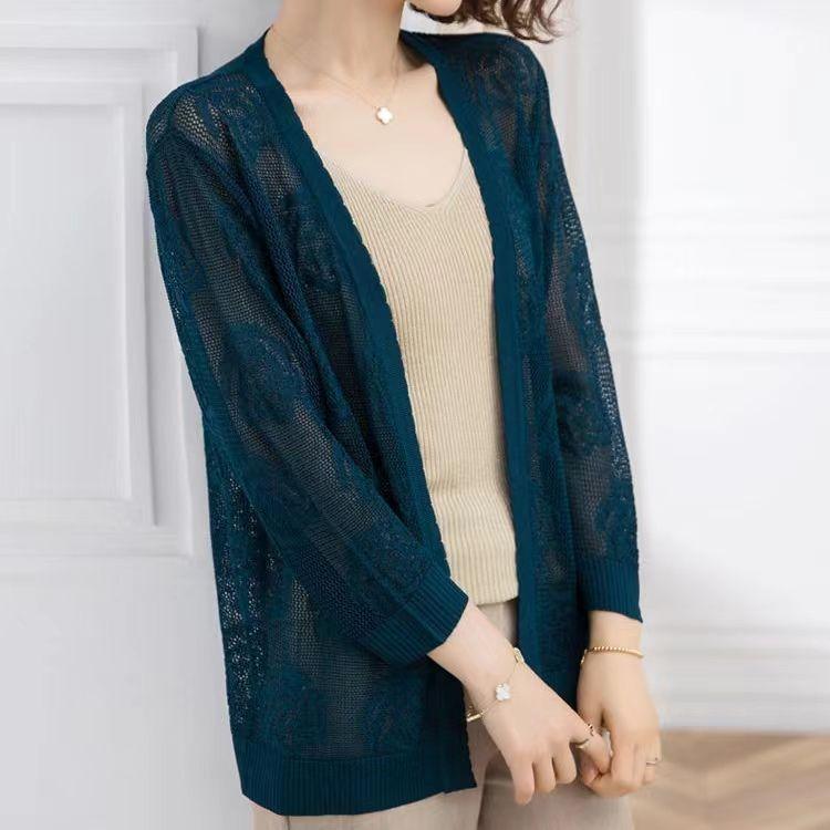 Middle Aged and Elderly Women's Long Knitted Cardigan with Summer Hollow Out Thin Design Paired with A Shawl and Air Conditioning Shirt