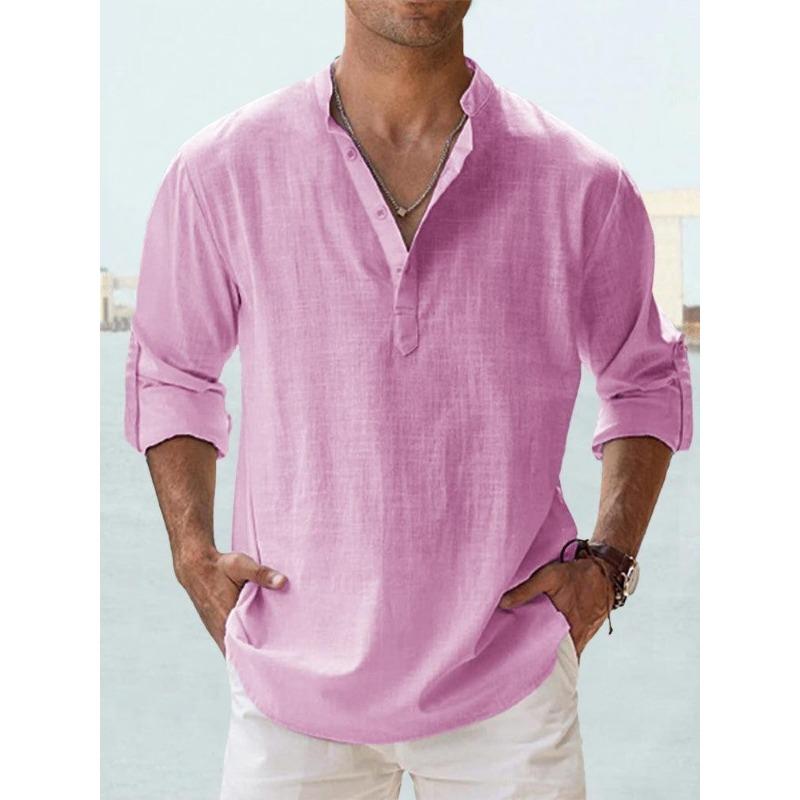 QICED Summer Casual Men's Loose Men's Tide Standing Collar Sports Colour Long Sleeve Cotton Tops Large Size Shirt