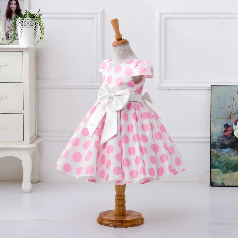 Girls Polka Dot Short Sleeve Bow Dress Kids Formal Party Gown 3-12 Years Old