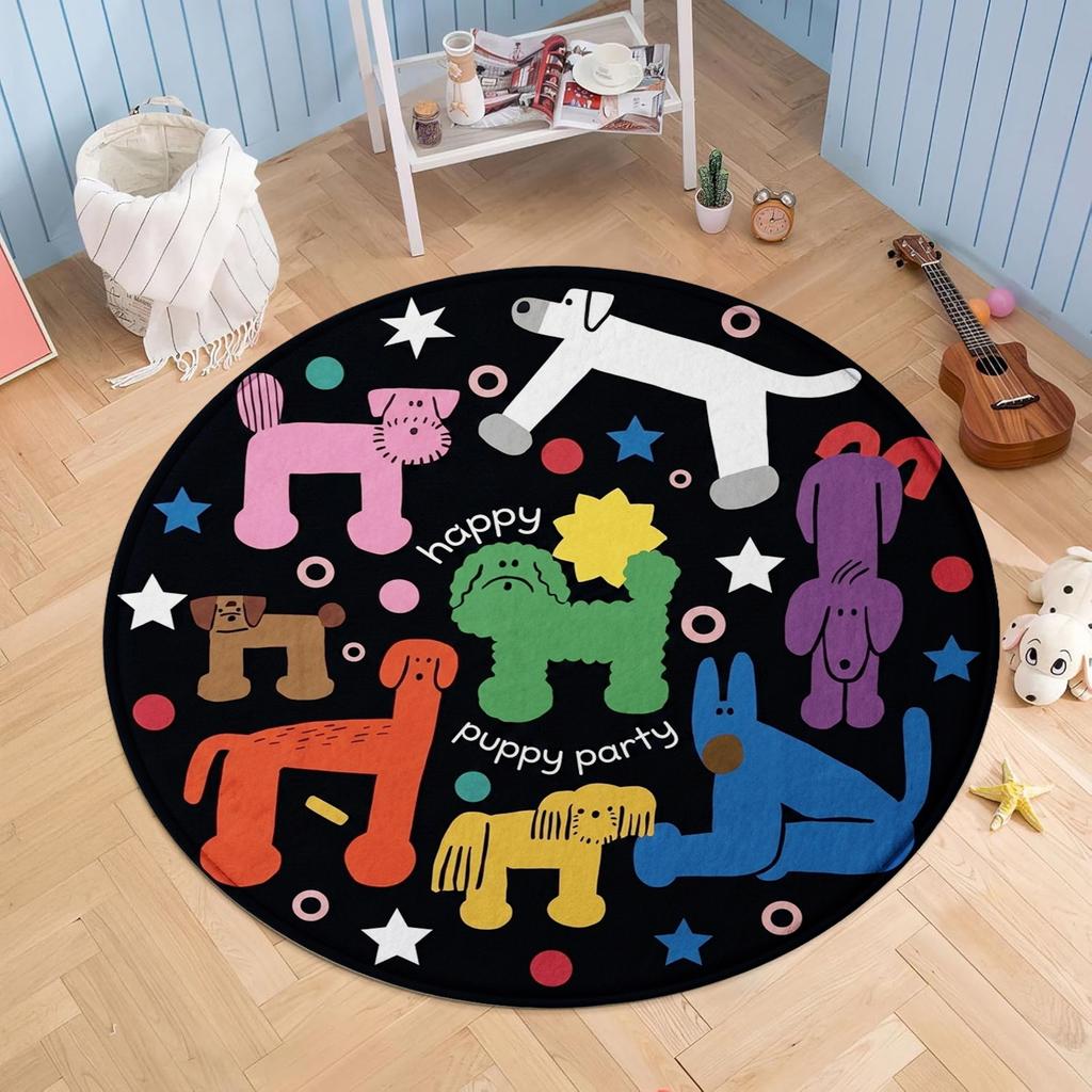 Happy Puppy Party Round Rug, Colorful Cartoon Animal Non - Slip Mat for Kids Room  Bedroom Decor
