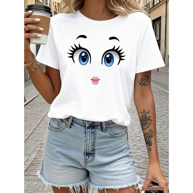 Women's Cute Cartoon Big Eye Print Casual Sports Tee Crew Neck Short Sleeve Multicolor Machine Washable All Season Everyday Outfit Festive Gift Top