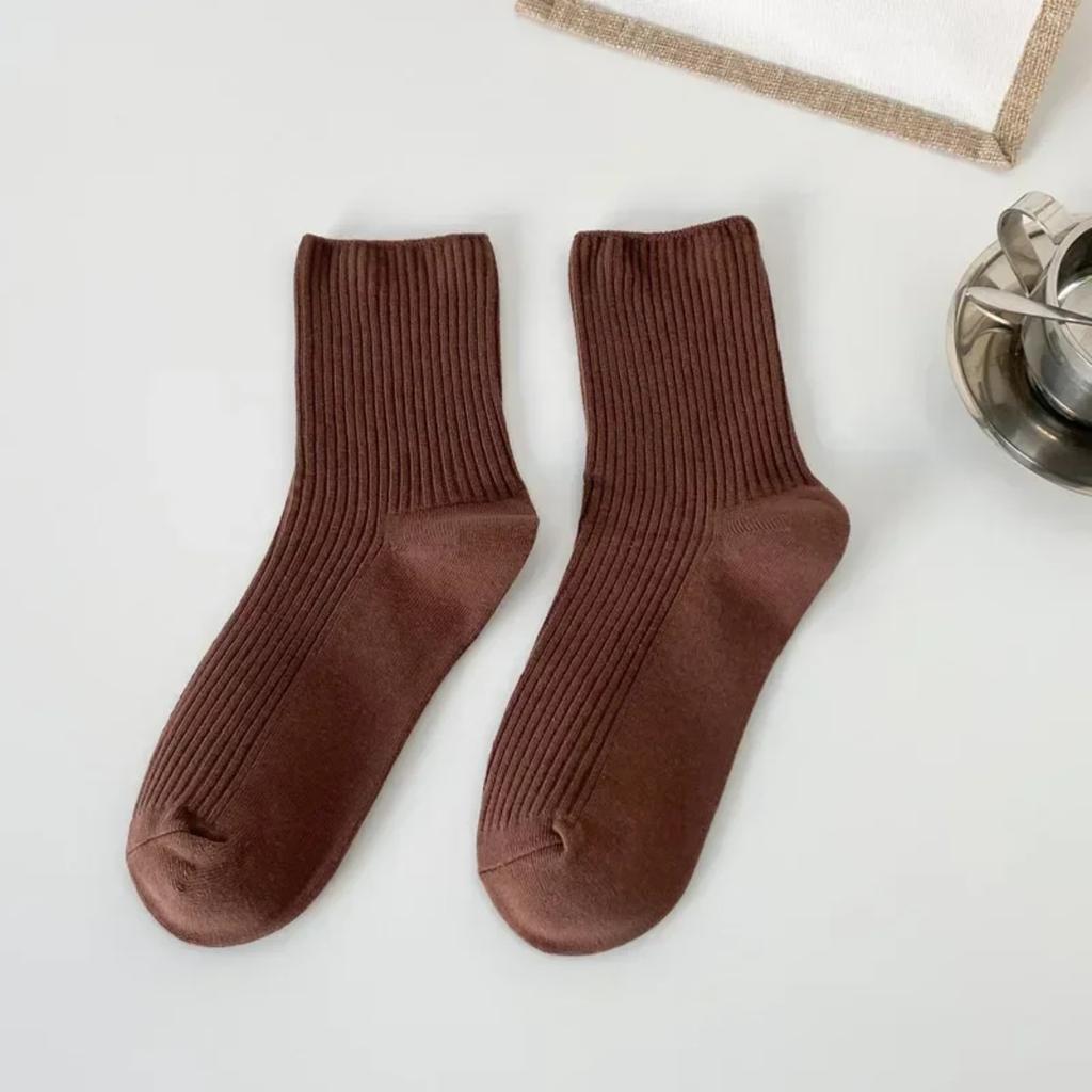 Brown Socks Women Tube Socks Pure Cotton Spring Autumn Ins Minimalist Style Solid Color Striped Stockings All-match Casual Socks