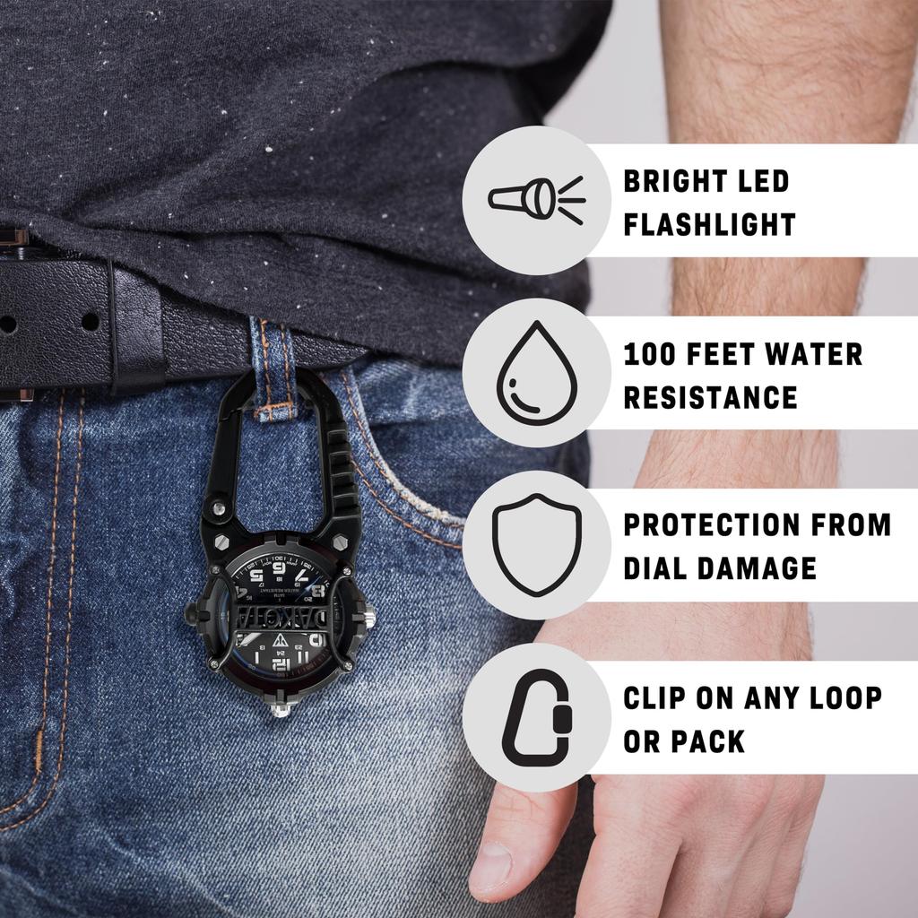 Dakota Digitaler Käfigclip Mikro-Licht Karabiner Uhr LED-Taschenlampe Zifferblattschutz Outdoor-Geschenk Angeln Jagen Camping Clip-Uhr Taschenuhr