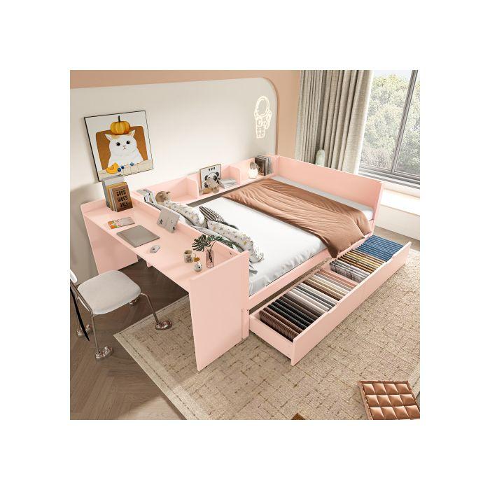 Lit double en bois - MUVOE - 140x200 cm - avec bureau - 2 tiroirs - couleur rose