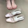 Fashion French Style Satin Surface Block Heel Sandals Butterfly Knot Pointed Toe Single Shoes Spring Summer Fairy Tale Feeling Slippers