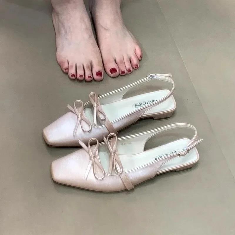 Fashion French Style Satin Surface Block Heel Sandals Butterfly Knot Pointed Toe Single Shoes Spring Summer Fairy Tale Feeling Slippers