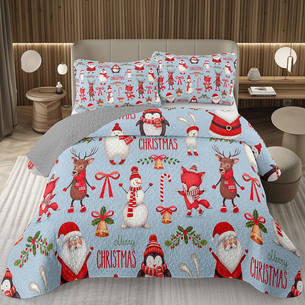 Christmas Bedspread Queen/Full Xmas Tree Quilted Coverlet for Boys Girls,Cartoon Festival Theme Quilt Set Happy New Year Bedding