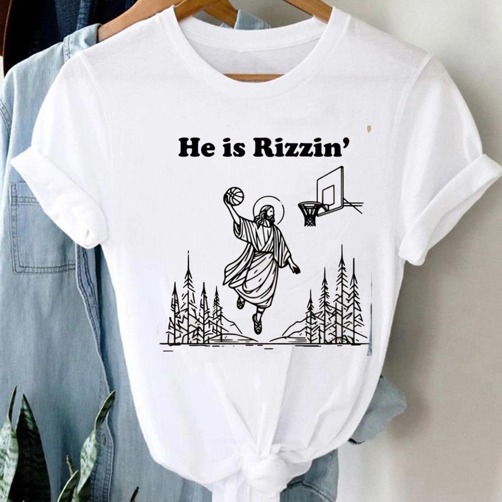 He Is Rizzin Tee, Funny Jesus Basketball T-Shirt, Faith Humor Easter Day Tee S