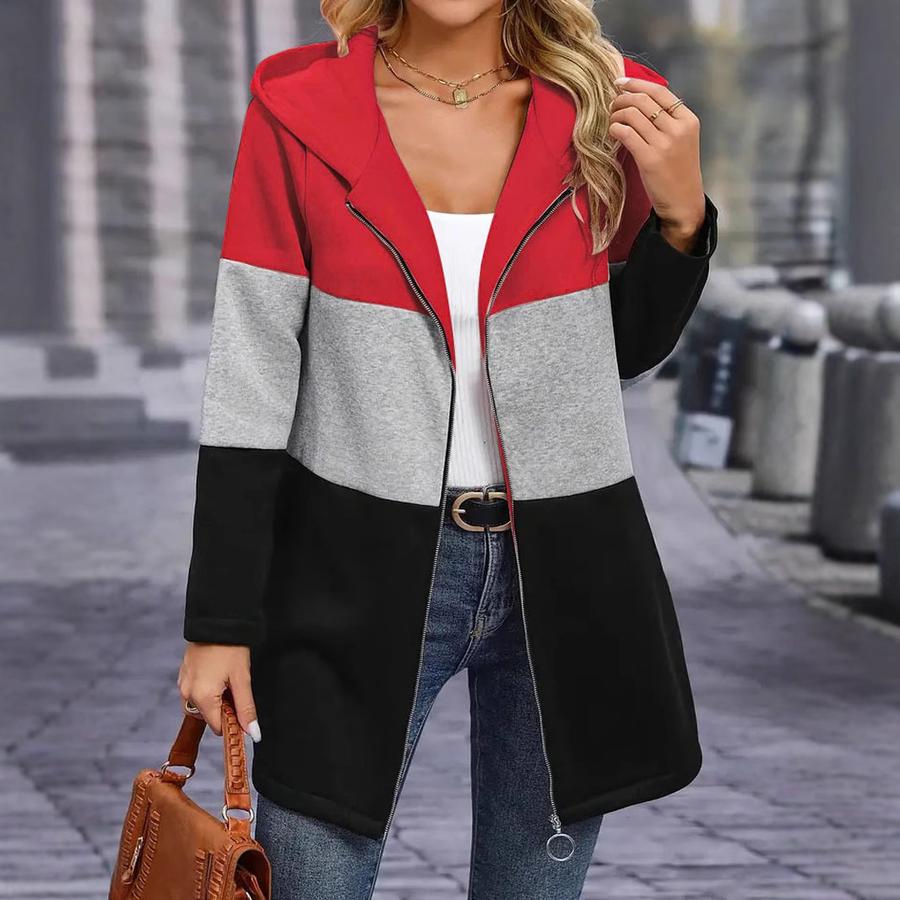 Fall Winter Women's Casual Fashion Loose Color Block Patchwork Hooded Jacket