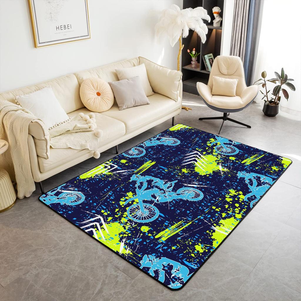 Teen Dirt Bike Area Rug for Living Room Motocross Rider Floor Mat Motorbike Extreme Sport Carpet Snow Mountain Landscape Doormat