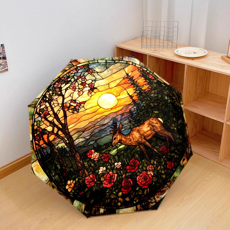 1 PC Automatic Folding Umbrella - Deer Sunset Pattern, Portable & Foldable Design with 8 Ribs, Christmas Birthday Gifts
