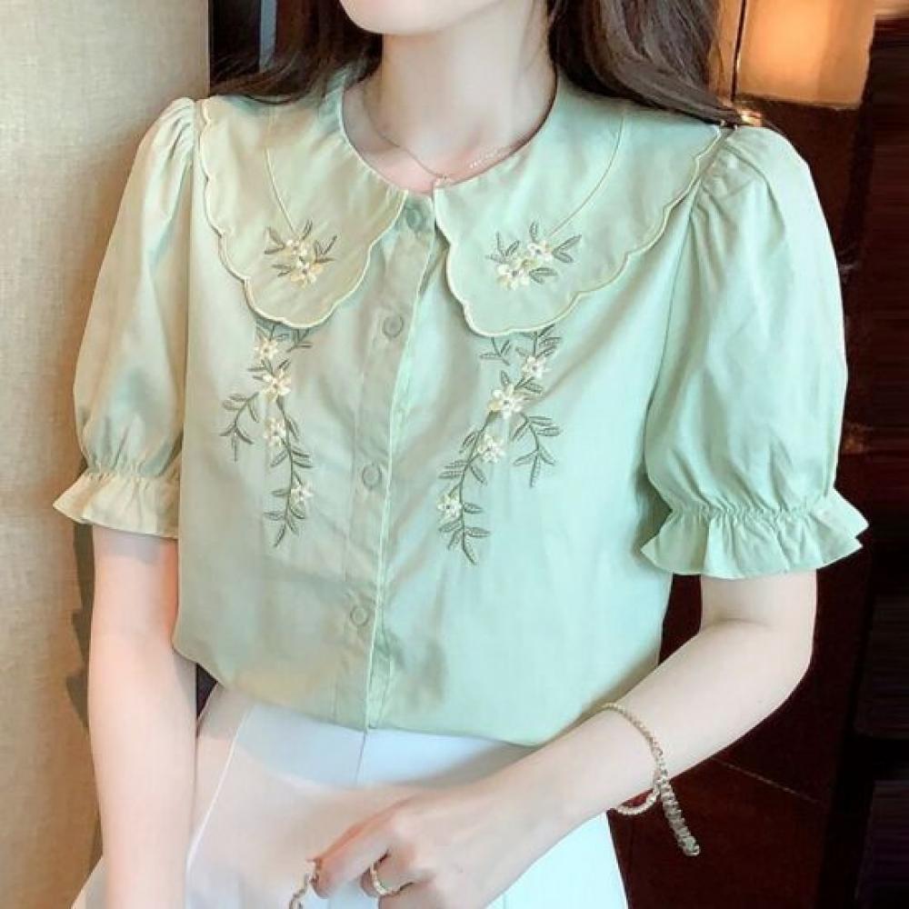 Navava Lovely Flower Embroidery Puff Sleeve Short Sleeve Shirt Blouse Nb3134