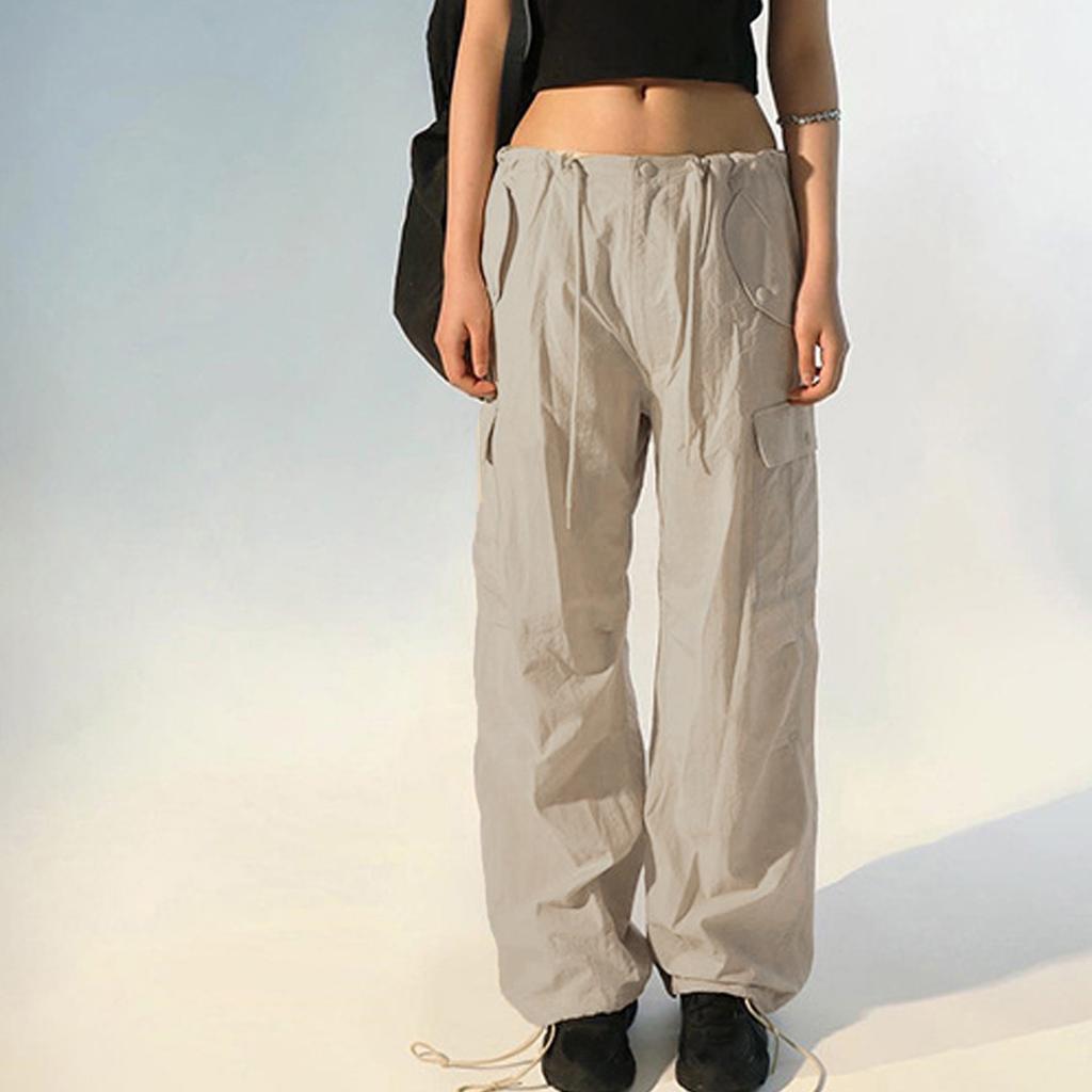 Women's Solid Color Cargo Street Hip Hop Jogging Pants Lace-up Zipper Type Casual Wide Leg Pants With Pockets