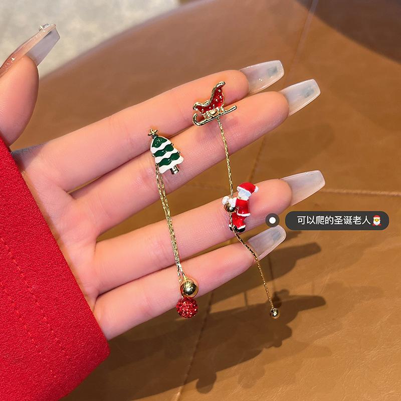 Climbing Santa Claus Tassel Stud Earrings for Women Sweet Star Christmas Tree Asymmetric Earring New Year Jewelry Gift