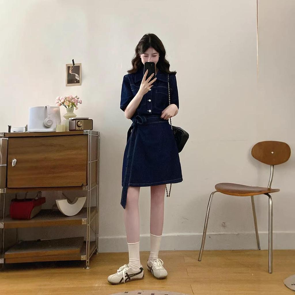 Hong Kong Style Retro Washed Denim Dress: Women's 2026 Summer Casual Waist-Cinched Short Skirt