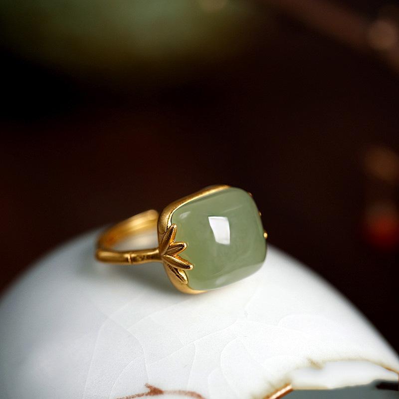 

925 Sterling Silver Hotan Jade Geometric Ring for Women Girl Adjustable Retro Delicate Jewelry Birthday Gift Dropshipping One Size