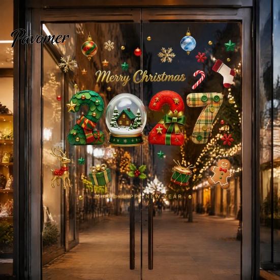 Holiday Glass Stickers Christmas Window Clings, Static Sticker with Merry Christmas, Elk Gingerbread Festive Shop Displays Man Decals, PVC